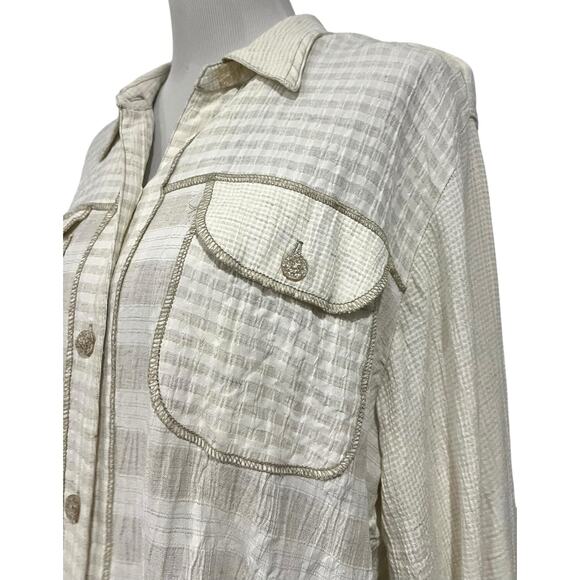 Saint Germain Paris Vintage Womens Sz L Button Up Top Beige Cream Check Pockets - Picture 4 of 9